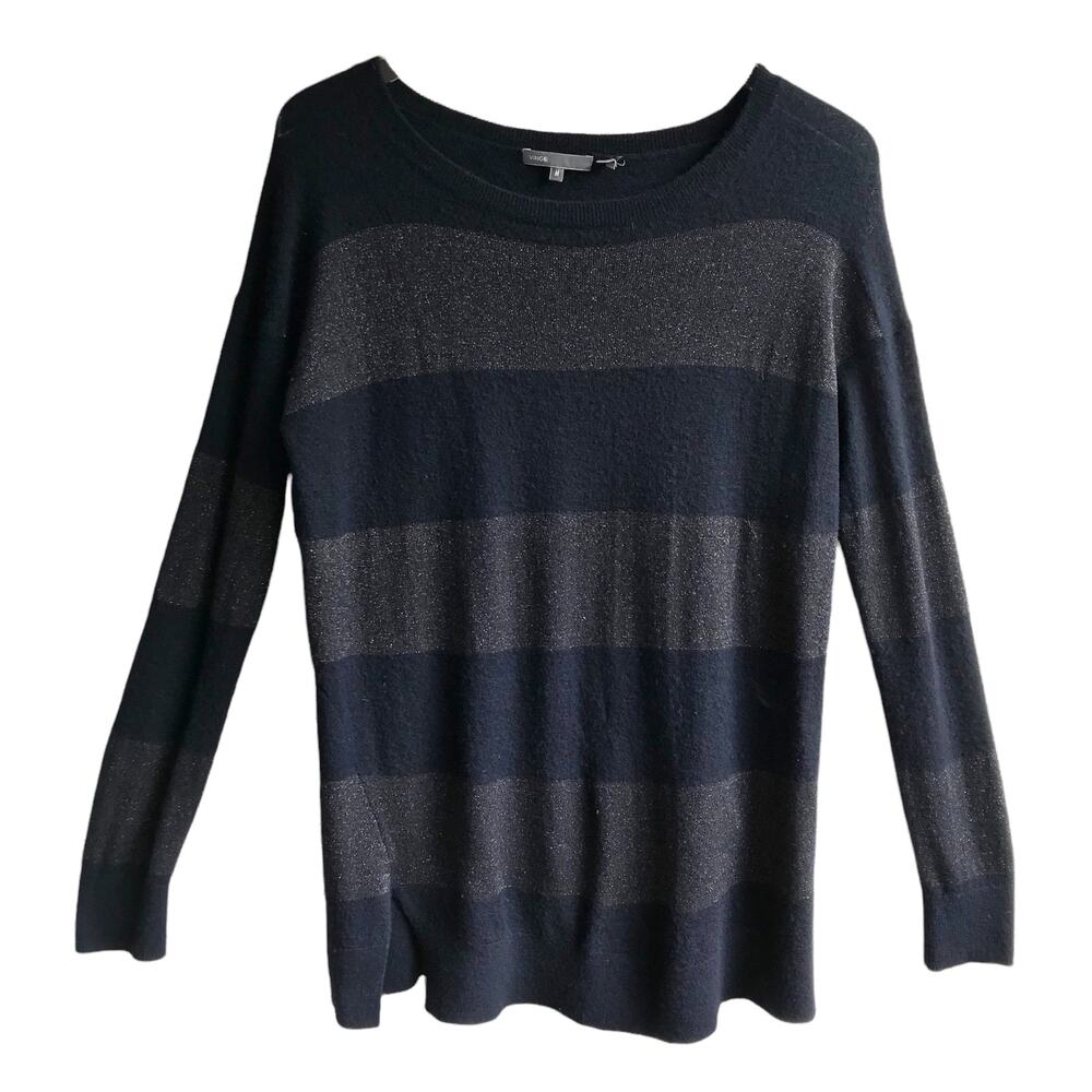 Vince Cashmere Rugby Stripe Sweater Size M Metallic Knit Preppy Academia Office - Picture 14 of 14